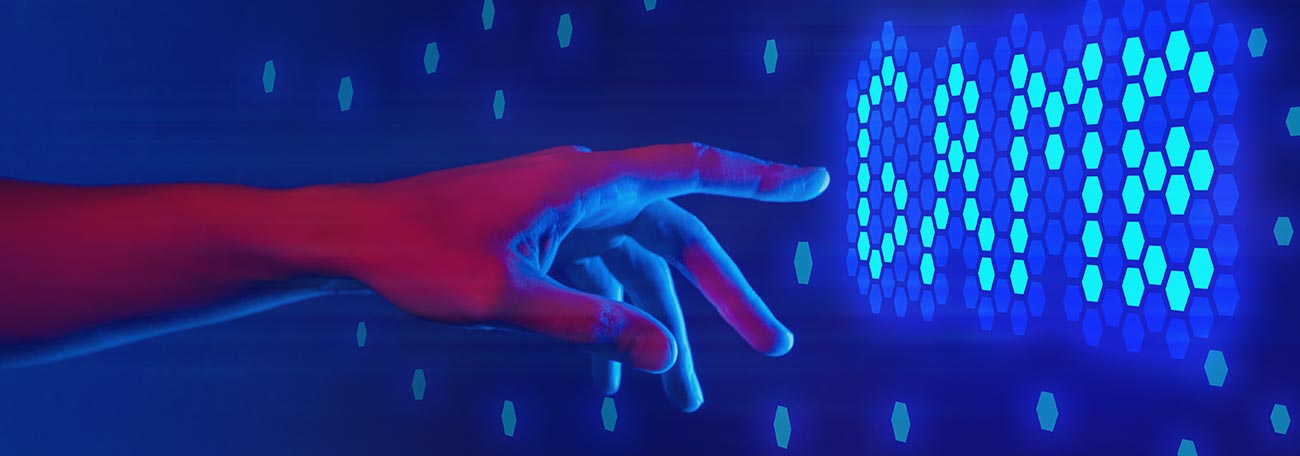 a hand reaching toward a neon blue sign with the word 