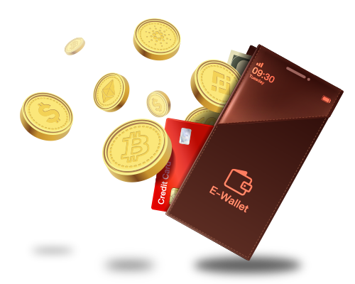 smartphone with bitcoins flying in and a credit card showig behind to symbolize the e-wallet